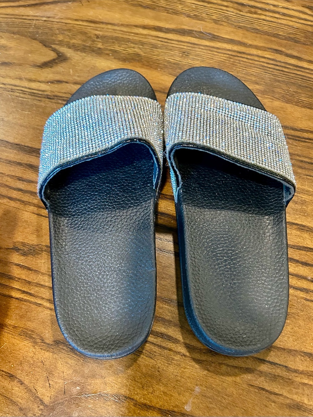 Rhinestone Slide Sandals in Black and Silver, Size 8.